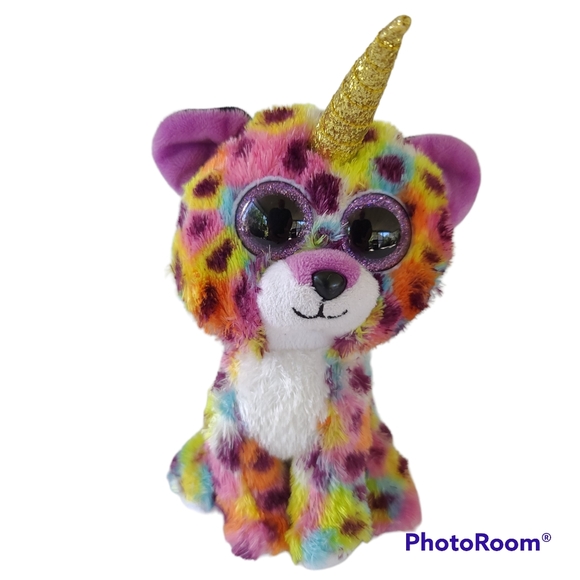 TY BEANIE BOOS GISELLE 9" RAINBOW UNICORN LEOPARD CAT PLUSH STUFFED ANIMAL - Picture 2 of 9